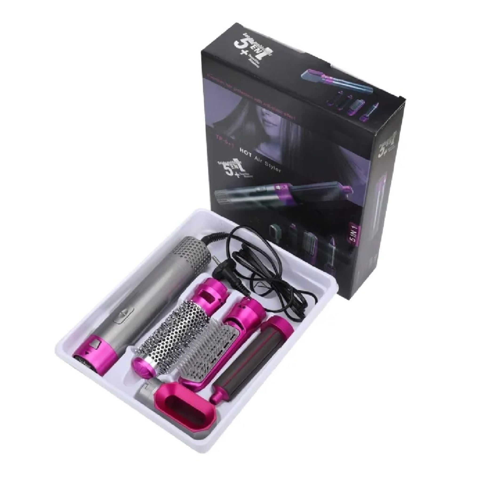 5 In 1 Hair Styler Brush | Hair Dryer, Straightener, Curler & Volumizer | Negative Ionic Air Wrap With Detachable Brush Heads