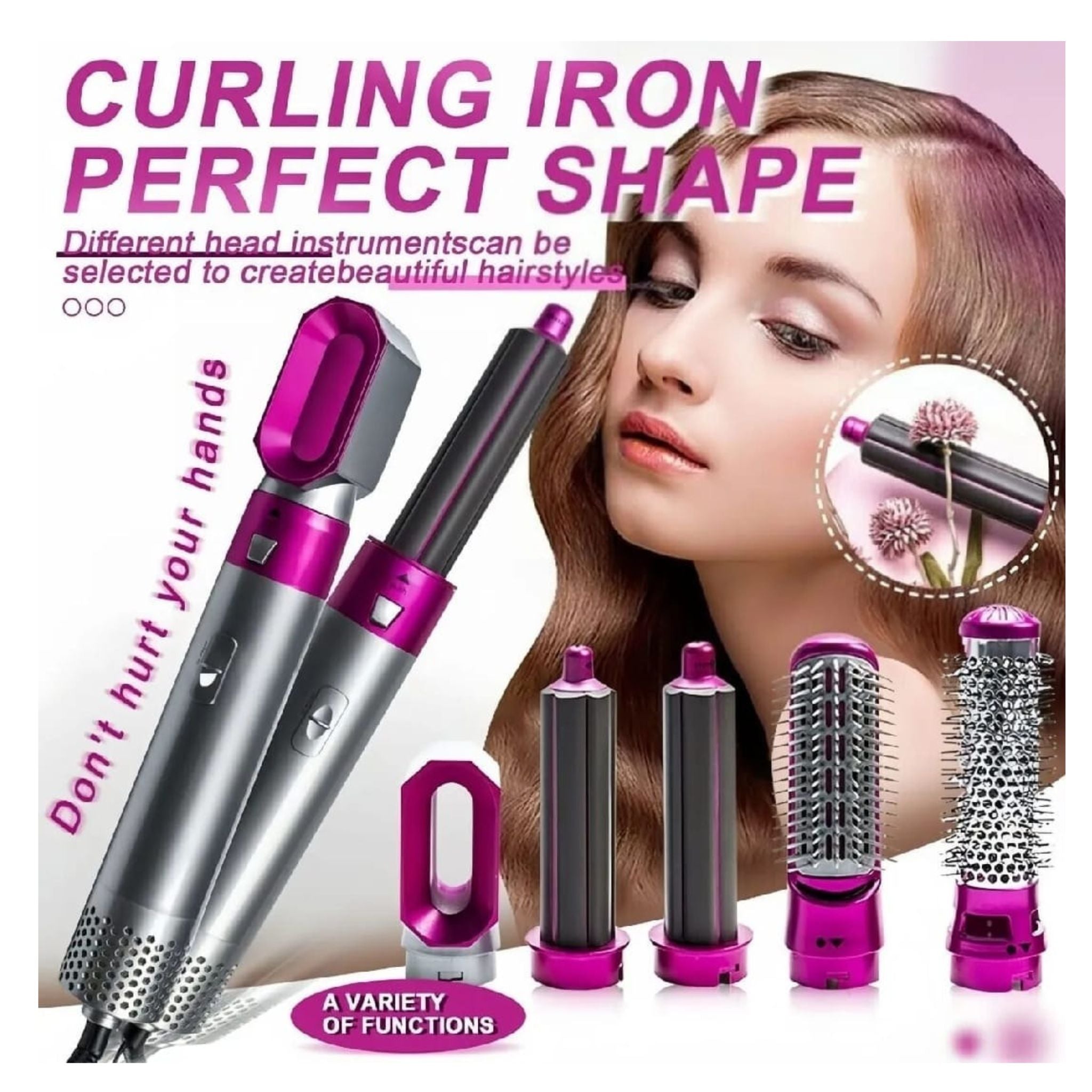 5 In 1 Hair Styler Brush | Hair Dryer, Straightener, Curler & Volumizer | Negative Ionic Air Wrap With Detachable Brush Heads